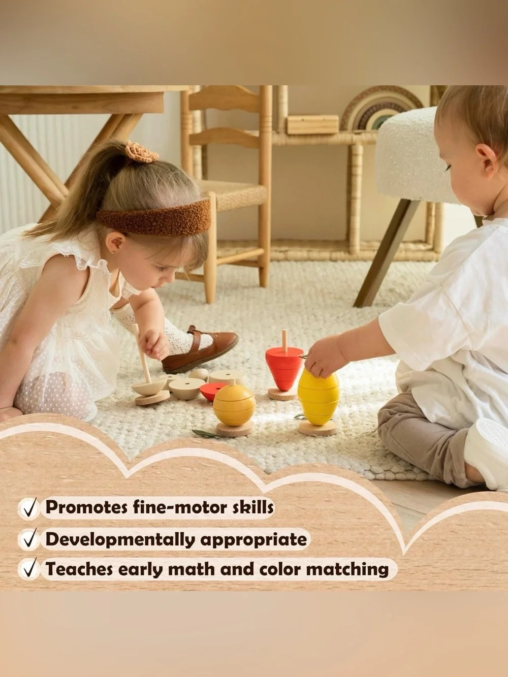 Montessori Wooden Fruit Stacking Toy: Toddler Color Sorting NEW